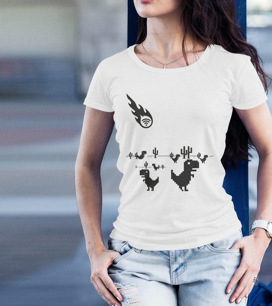 WiFi Meteor Extinction Dinosaur Game Pixel Art T-Shirt