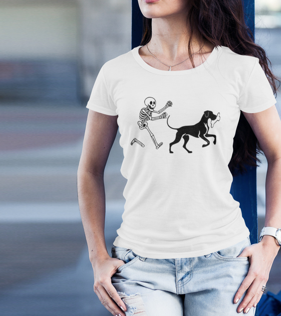 Skeleton Chasing Dog With Bone Funny Meme Halloween T-Shirt