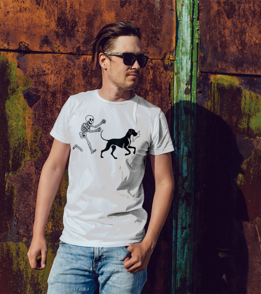 Skeleton Chasing Dog With Bone Funny Meme Halloween T-Shirt