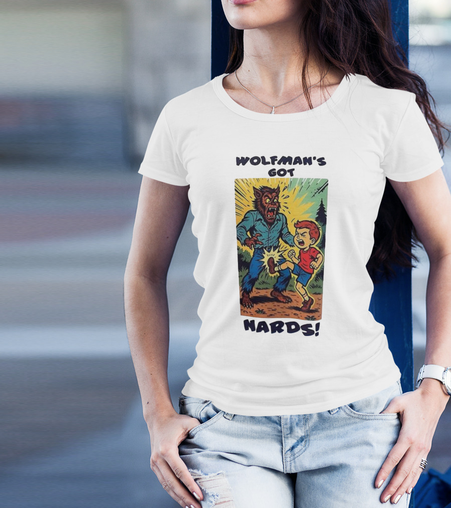 Wolfman’s Got Nards Vintage Comic Style Kid Kicking Wolfman T-Shirt