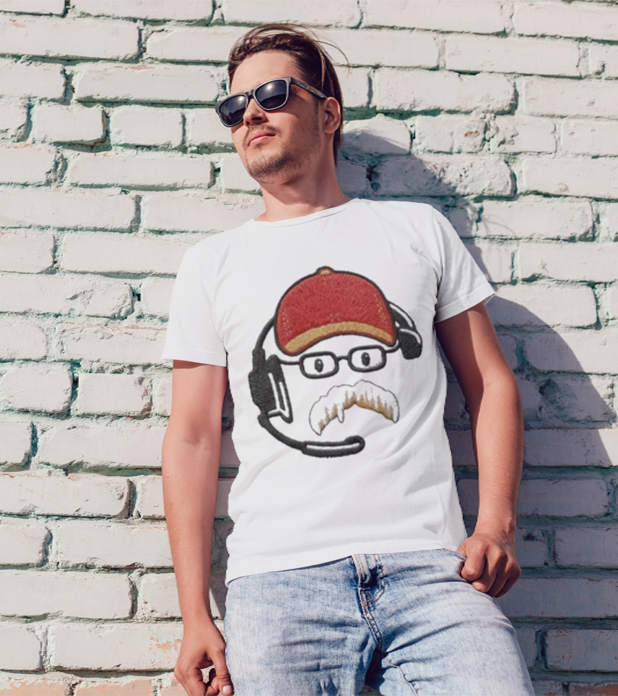 Andy Reid Kansas City Chiefs Coach Embroidered Patch Style With Red Cap And Headset T-Shirt