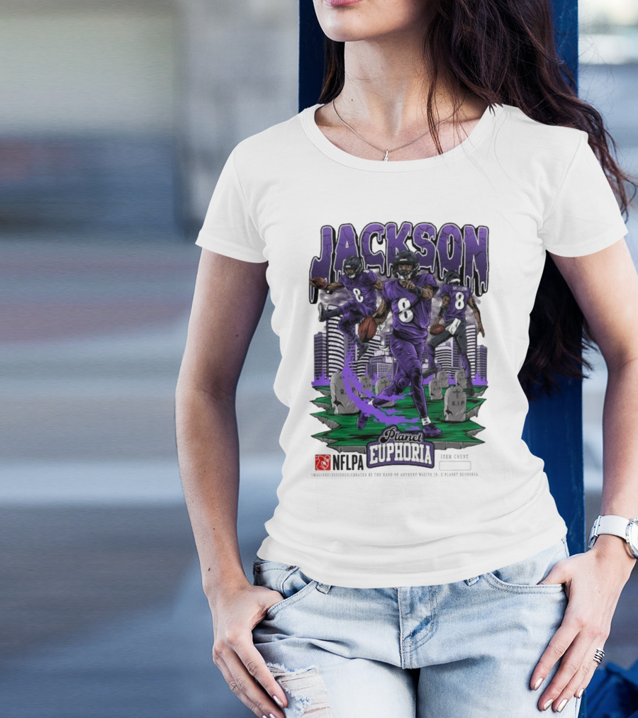 Lamar Jackson NFLPA Planet Euphoria Purple Football Action T-Shirt