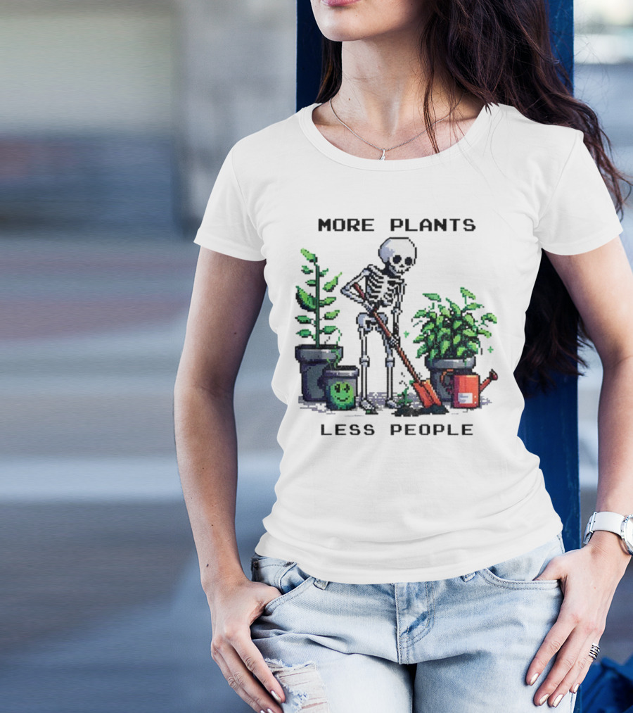 Skeleton Gardening More Plants Less People Pixel Art T-Shirt
