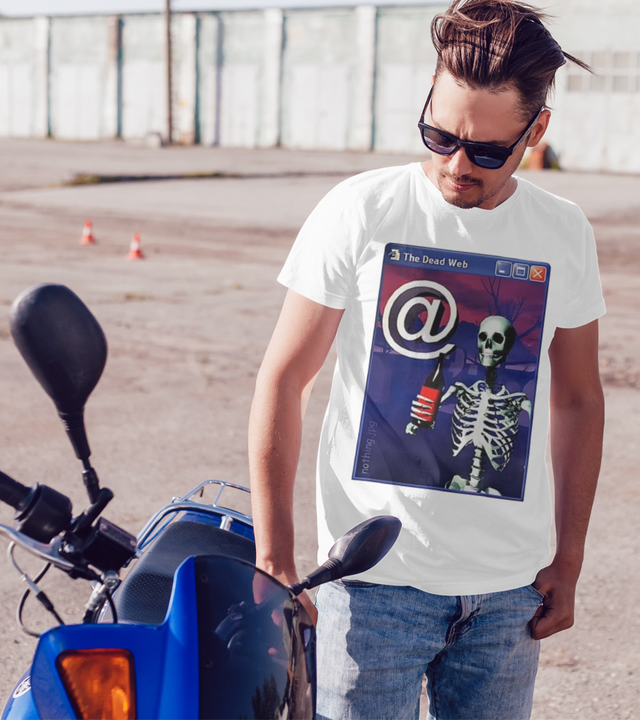 The Dead Web Skeleton With At Symbol And Bottle In Windows Frame Nothing.jpg T-Shirt