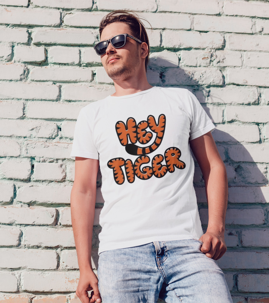 Cincinnati Bengals Hey Tiger Striped Bubble Letter Tiger Tail Pattern T-Shirt