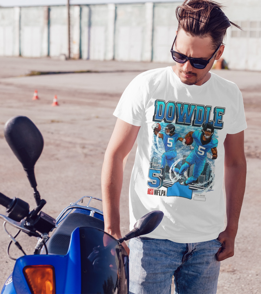 Rico Dowdle Carolina Panthers 2025 Number 5 Skyline NFLPA T-Shirt