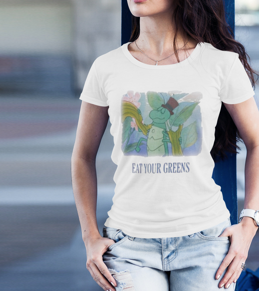 Eat Your Greens Cartoon Grasshopper Top Hat Celery Art T-Shirt