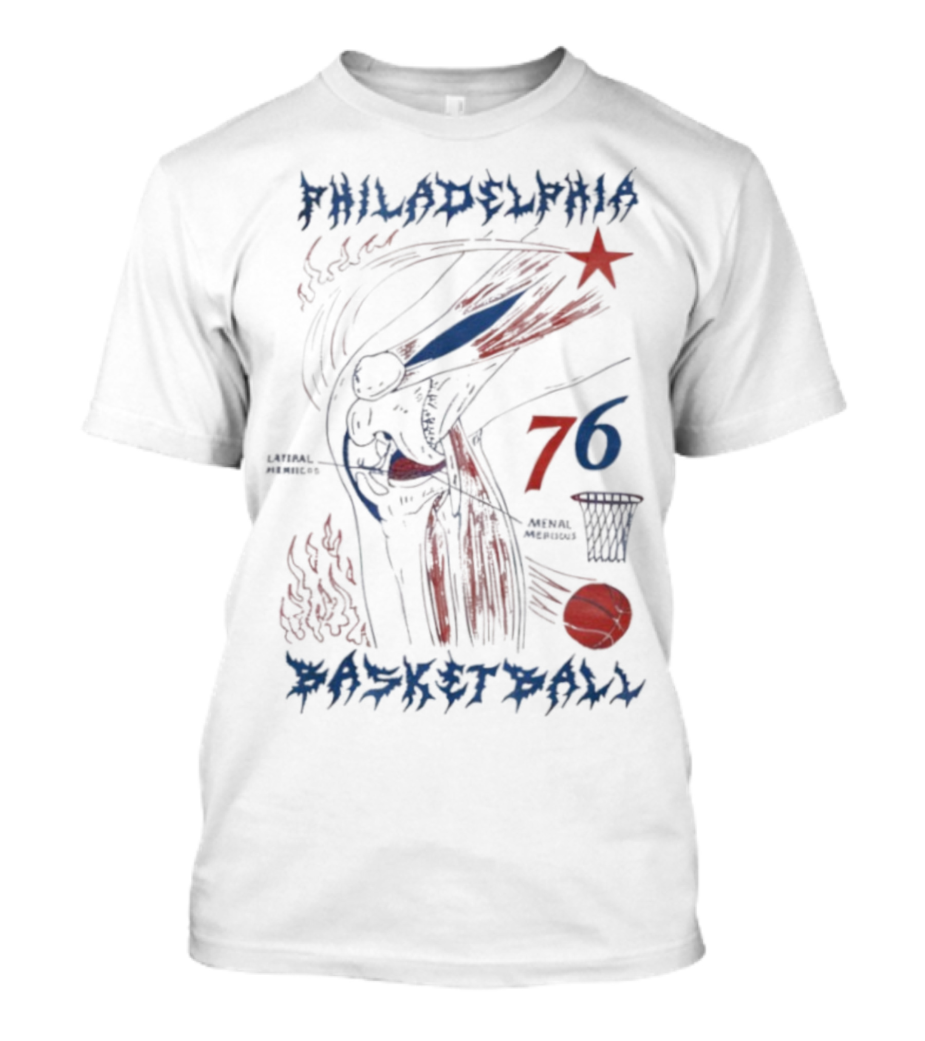 Philadelphia Basketball Red Blue Artistic 76 Star Knee Sketch T-Shirt