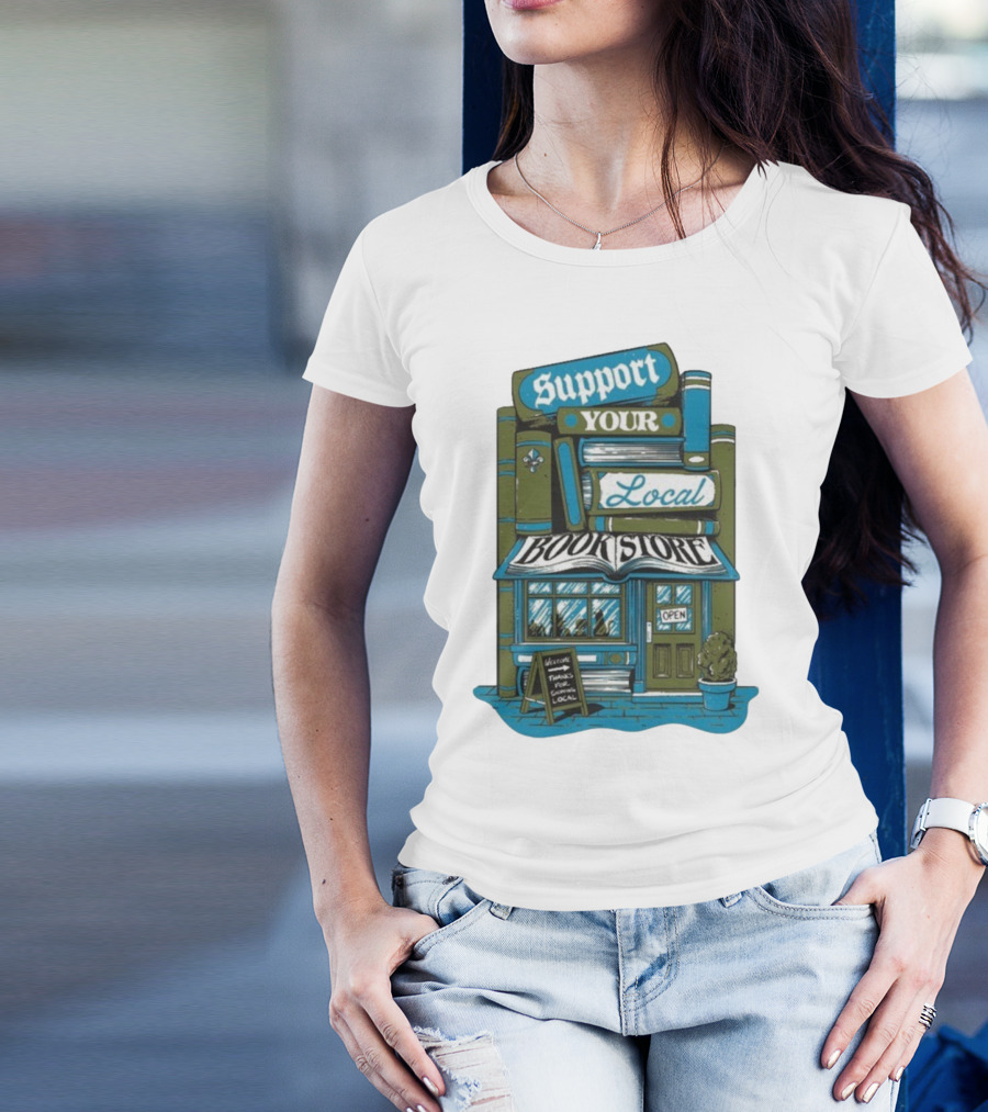 Support Your Local Bookstore Open Vintage Bookshelf Design T-Shirt