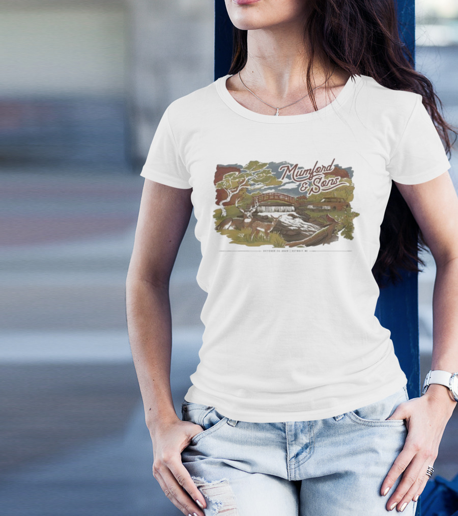 Mumford & Sons Little Caesars Arena Detroit MI October 20 2025 Deers Bridge And Stream Scene T-Shirt