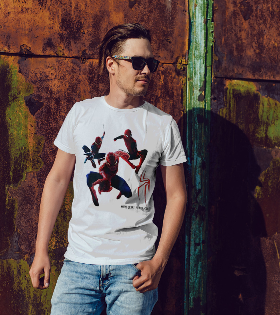 Spider Man Daily Bugle With Great Power Comes Great Responsibility Spider Logo Trio Suit Styles T-Shirt