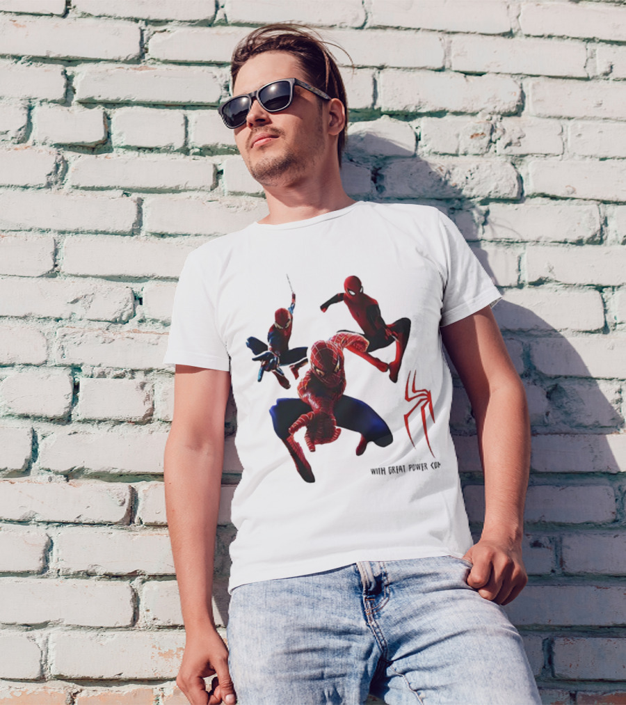 Spider Man Daily Bugle With Great Power Comes Great Responsibility Spider Logo Trio Suit Styles T-Shirt