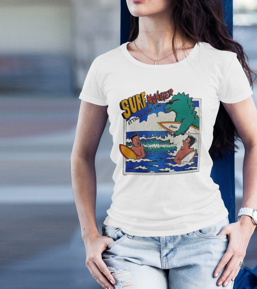 Surf Monster Attacks Coast Line Retro Comic Style Surfing Scene T-Shirt