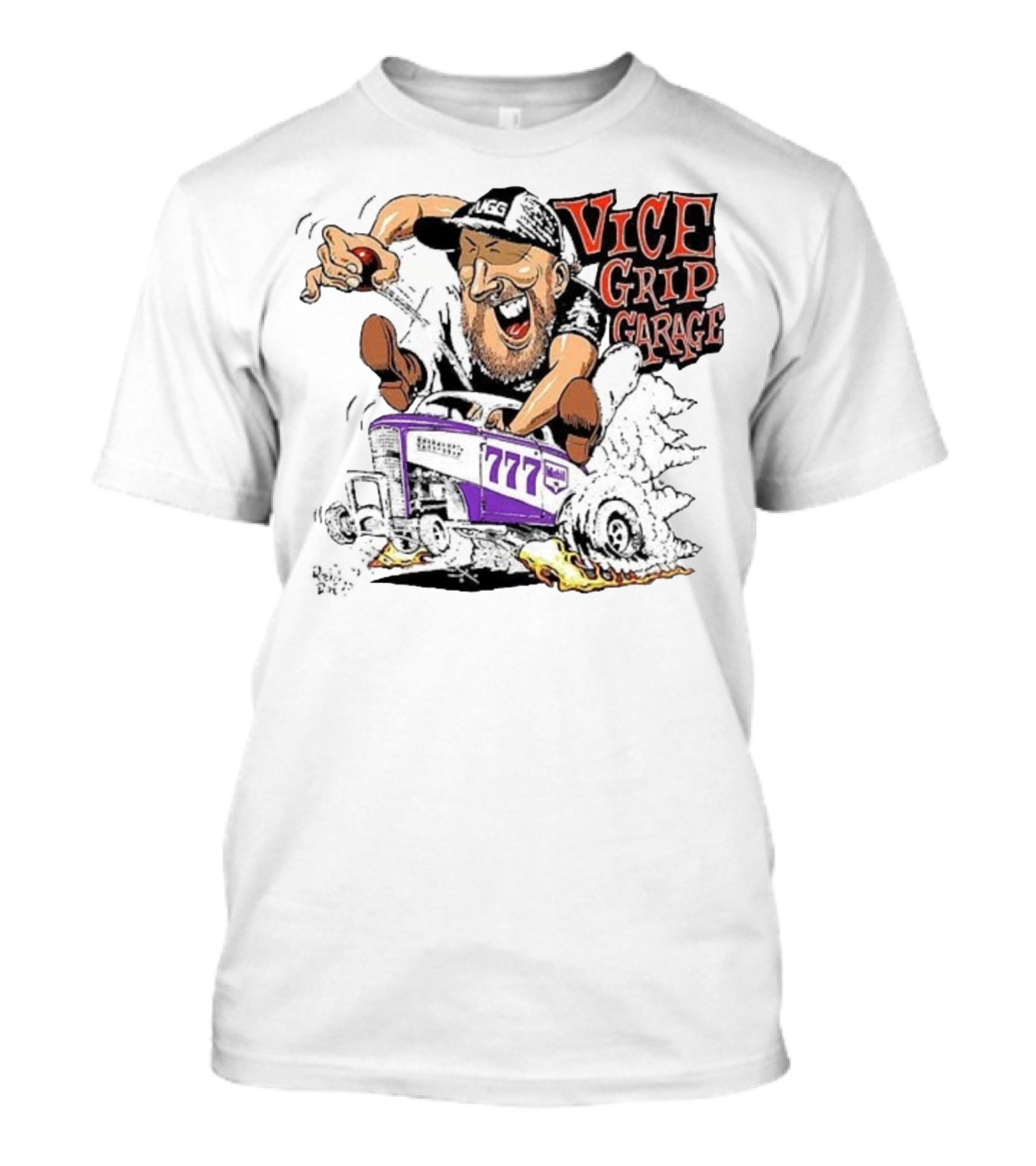 Vice Grip Garage 777 Cartoon Hot Rod Illustration With Bearded Driver And Smoking Tires T-Shirt