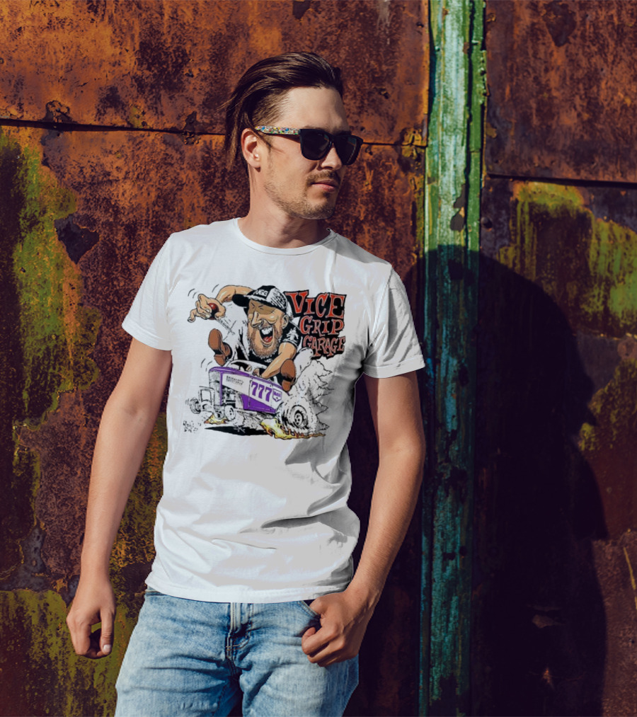 Vice Grip Garage 777 Cartoon Hot Rod Illustration With Bearded Driver And Smoking Tires T-Shirt