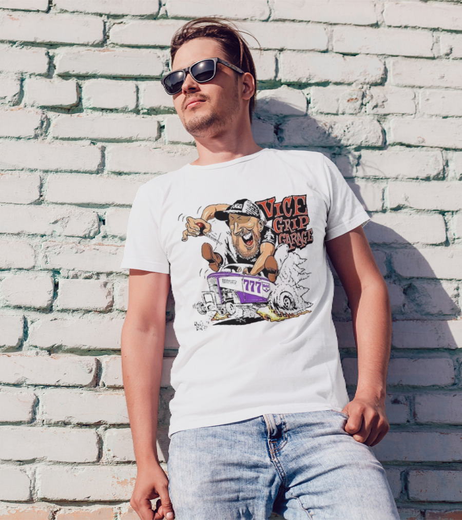 Vice Grip Garage 777 Cartoon Hot Rod Illustration With Bearded Driver And Smoking Tires T-Shirt