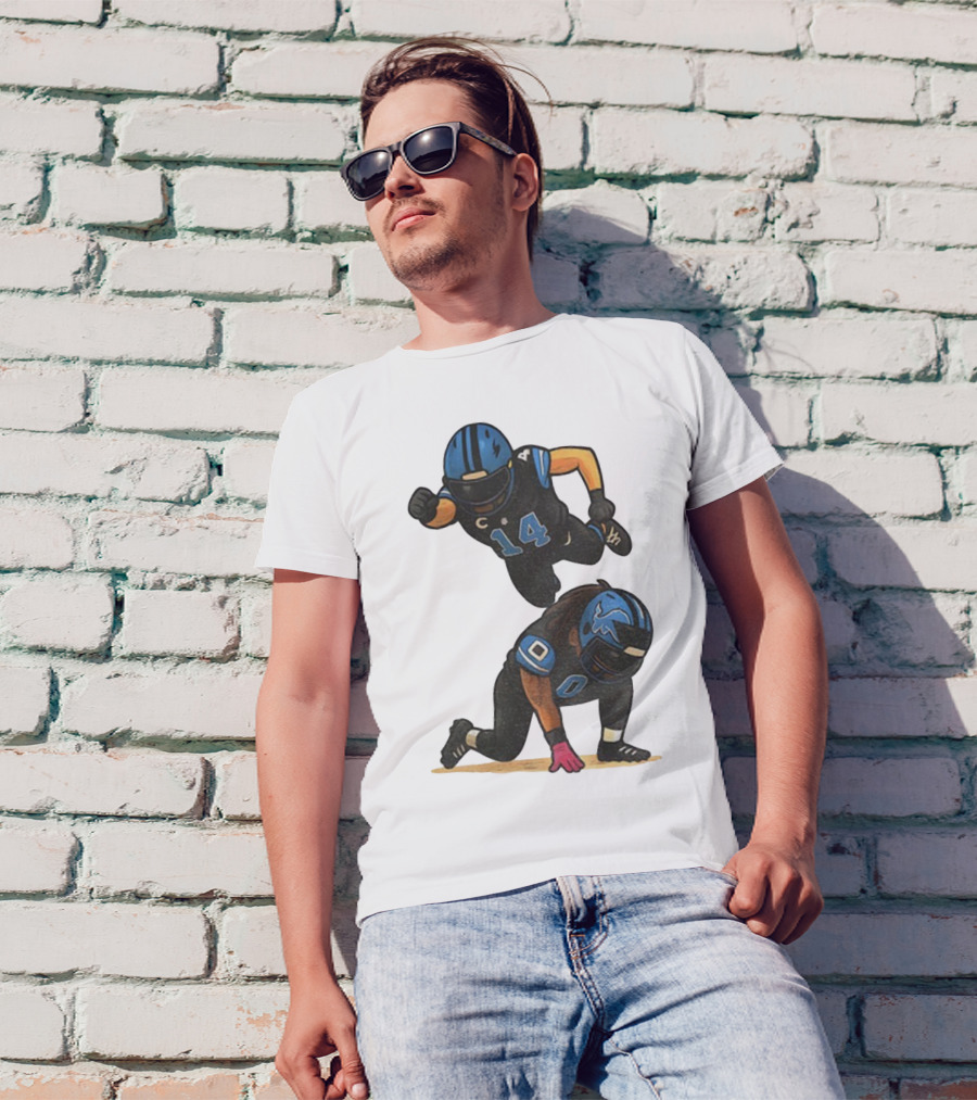 Amon Ra St. Brown Jahmyr Gibbs 14 00 Blue Black Football Celebration T-Shirt