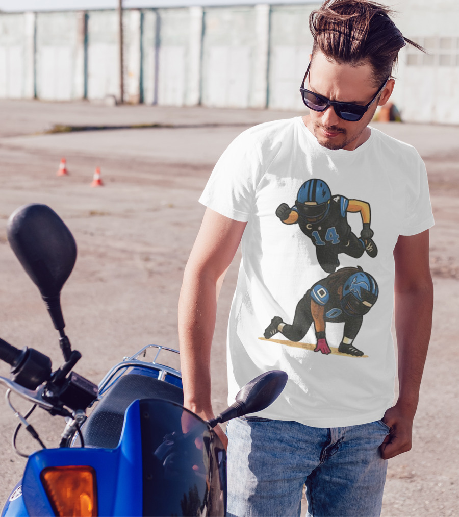 Amon Ra St. Brown Jahmyr Gibbs 14 00 Blue Black Football Celebration T-Shirt