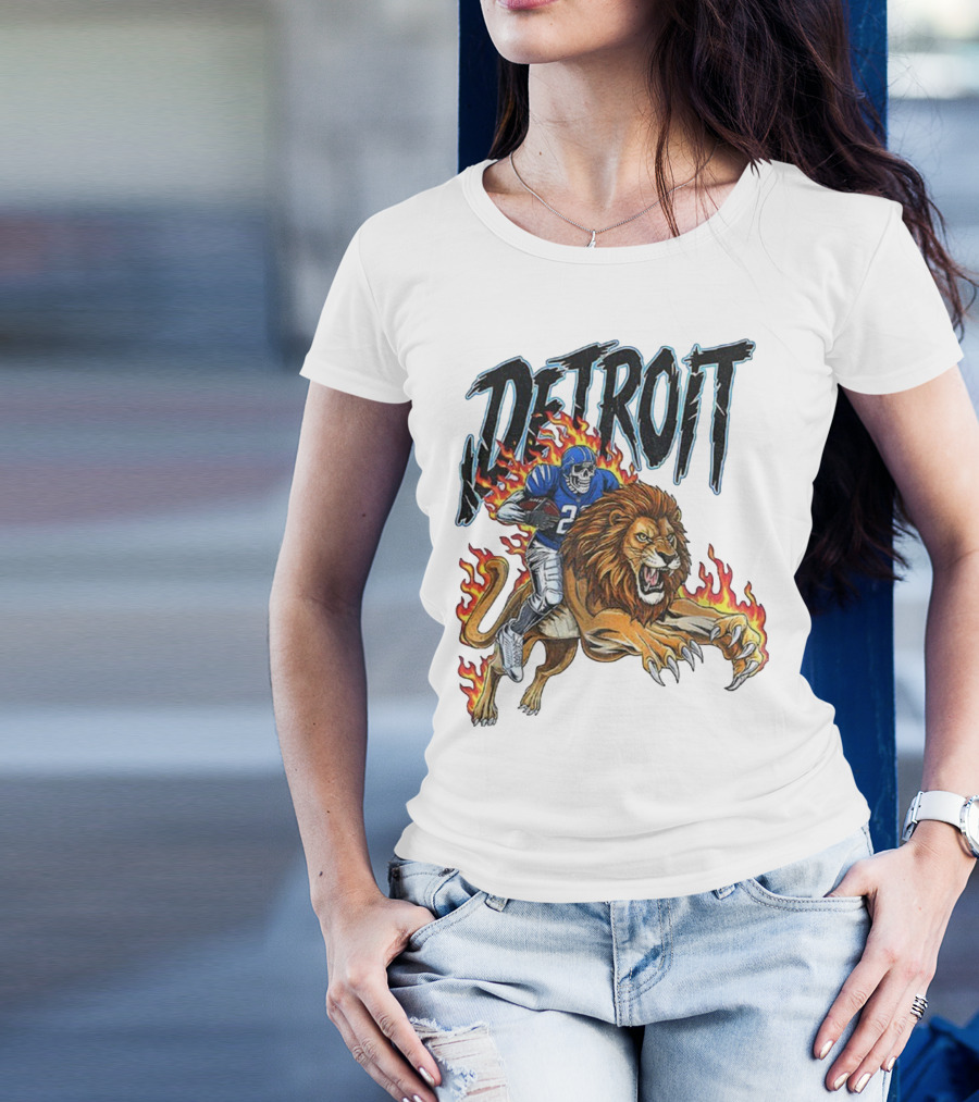 Detroit Lions Vintage Skeleton Riding Flaming Lion Football Game Day T-Shirt
