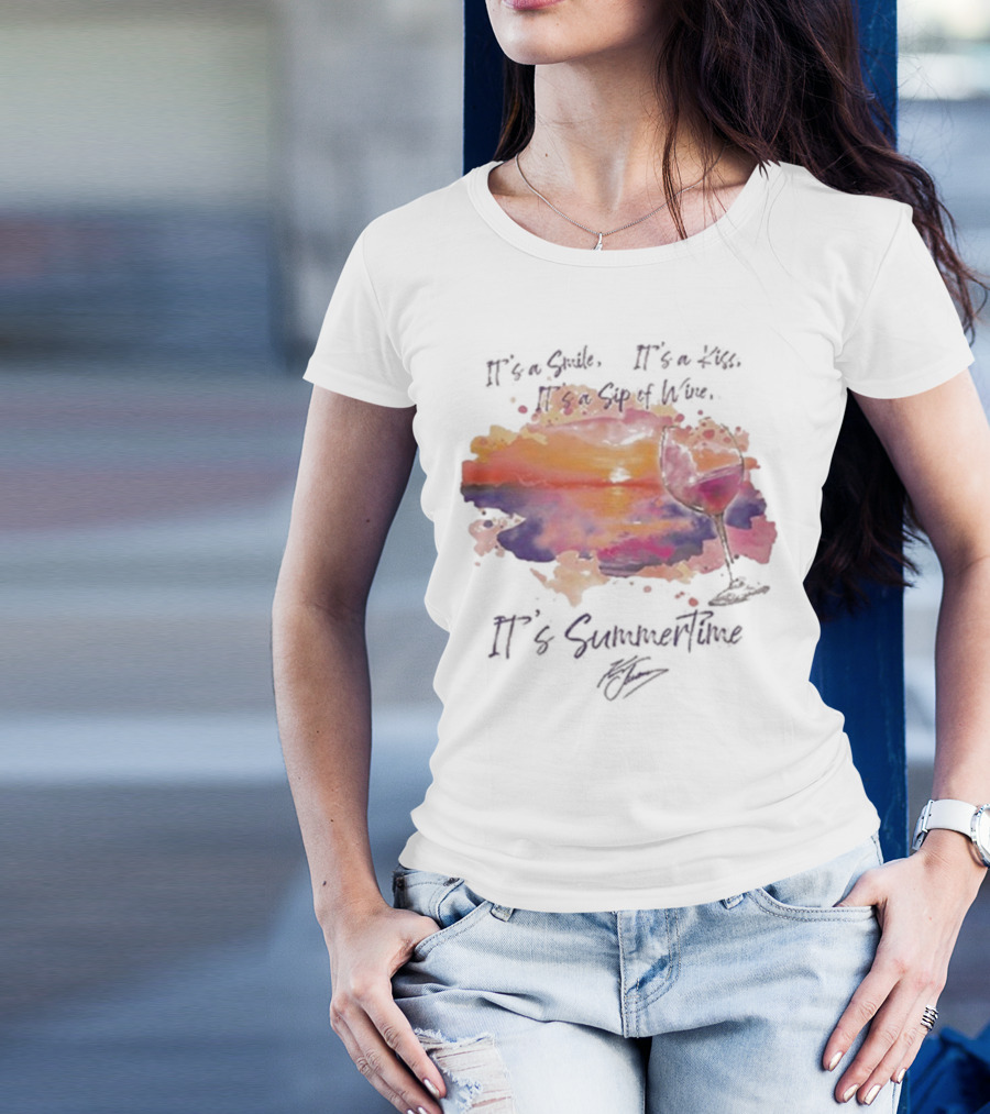 Kenny Chesney It's A Smile It's A Lie It's A Sip Of Wine It's Summertime Flowy Sunset Wine Glass T-Shirt