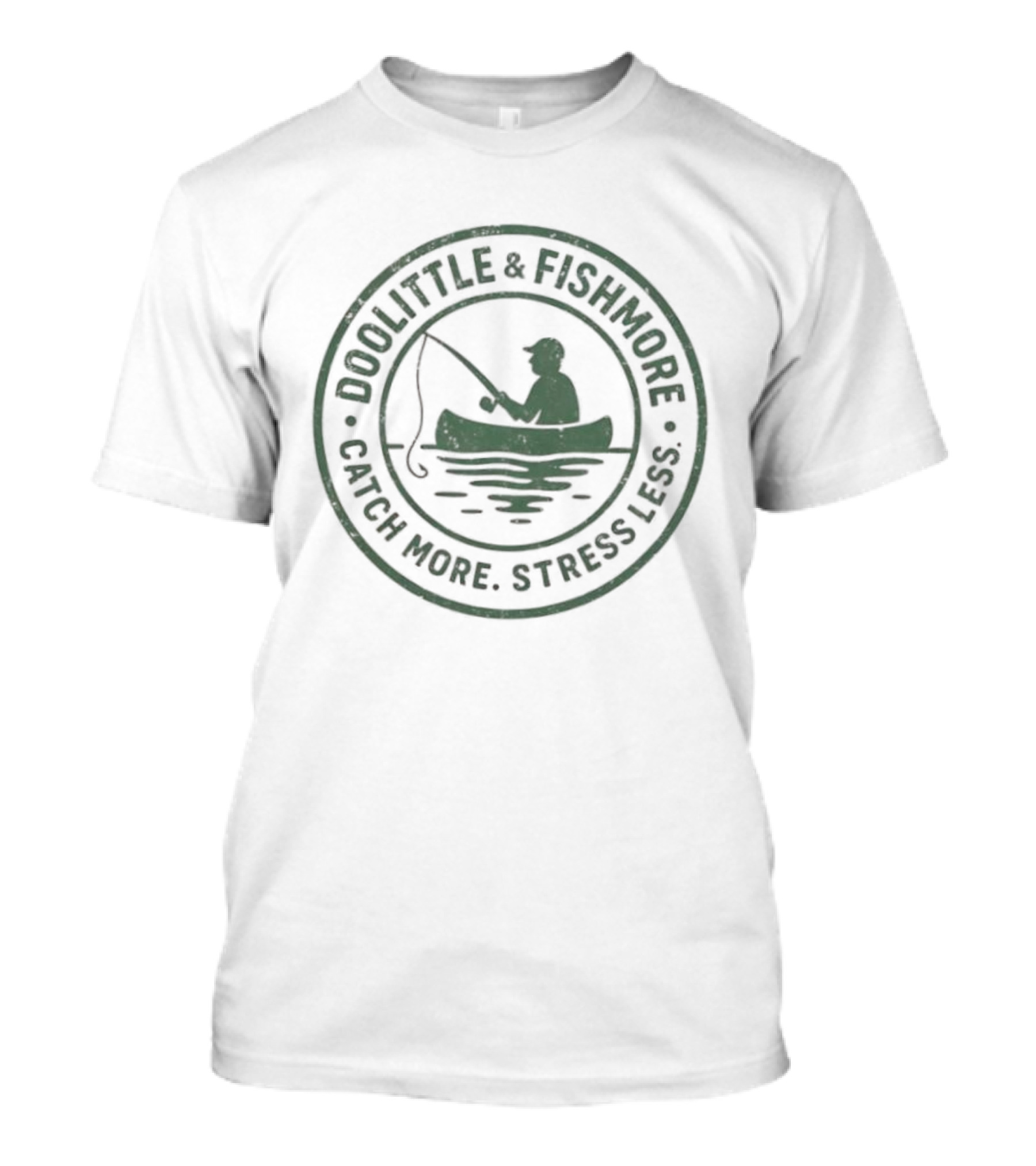 DOOLITTLE & FISHMORE CATCH MORE STRESS LESS Fishing Canoe Badge T-Shirt