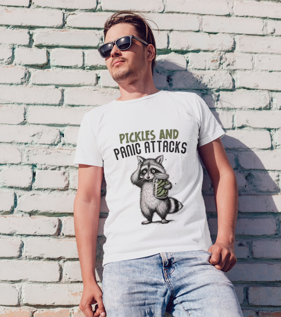 Pickles And Panic Attacks Raccoon Holding Jar Retro Mental Health Awareness T-Shirt
