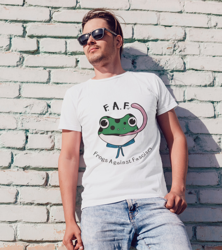 F.A.F Frogs Against Fascism Playful Green Frog With Tongue And Blue Scarf T-Shirt