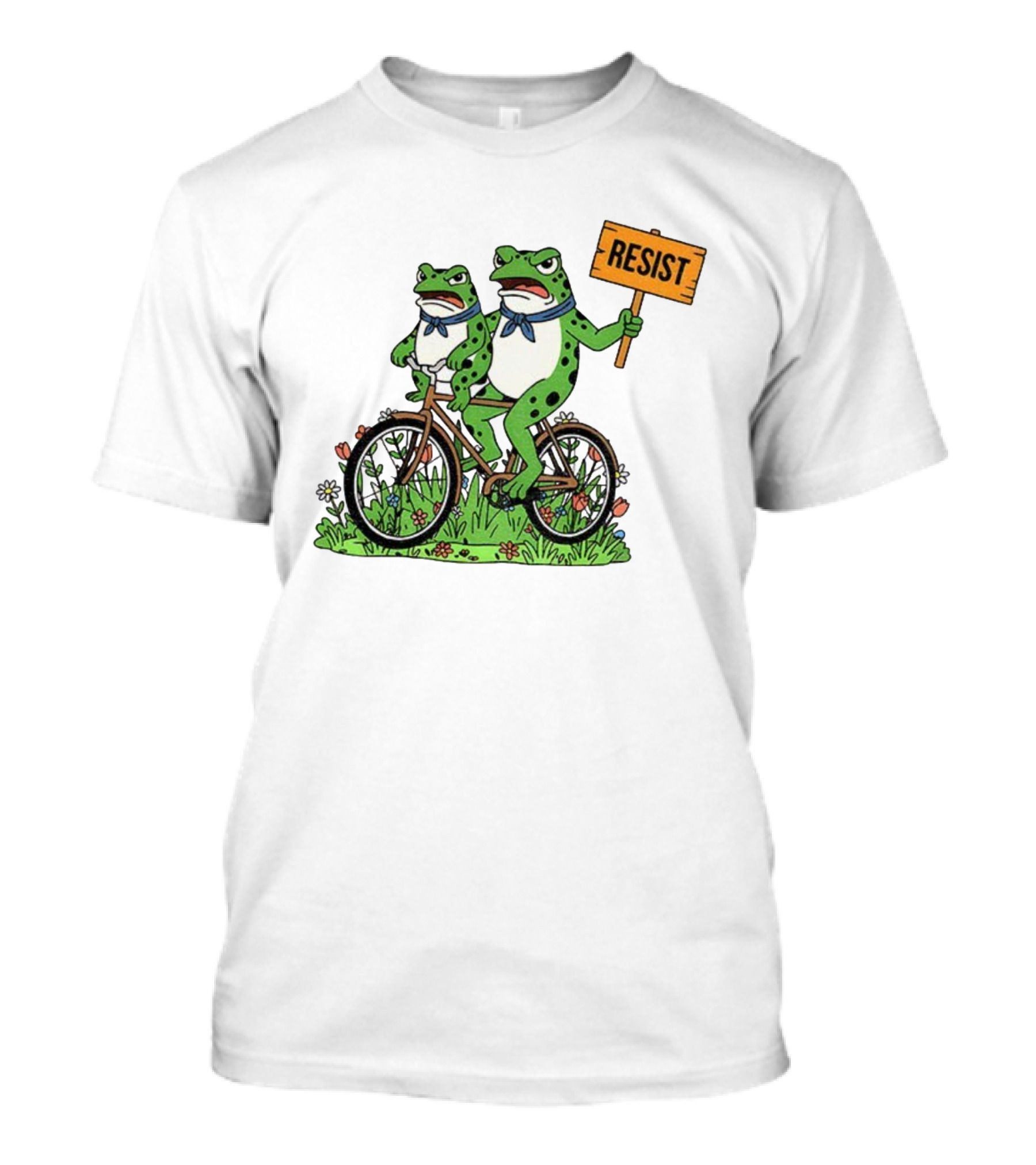 Frog On Bike Resist Protest Sign Portland Garden Scene T-Shirt