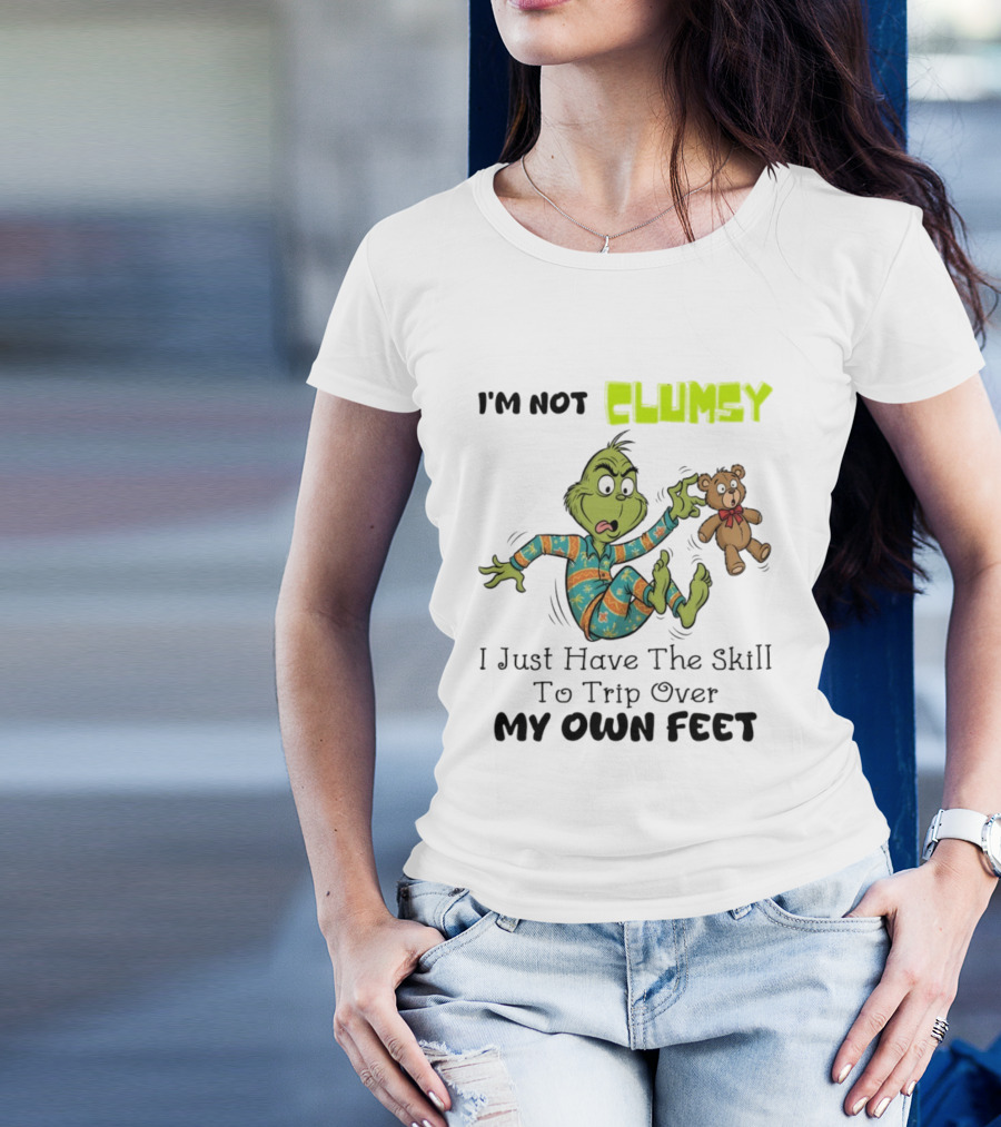 Grinch Clumsy Trip Over My Own Feet Christmas Pajamas Bear T-Shirt