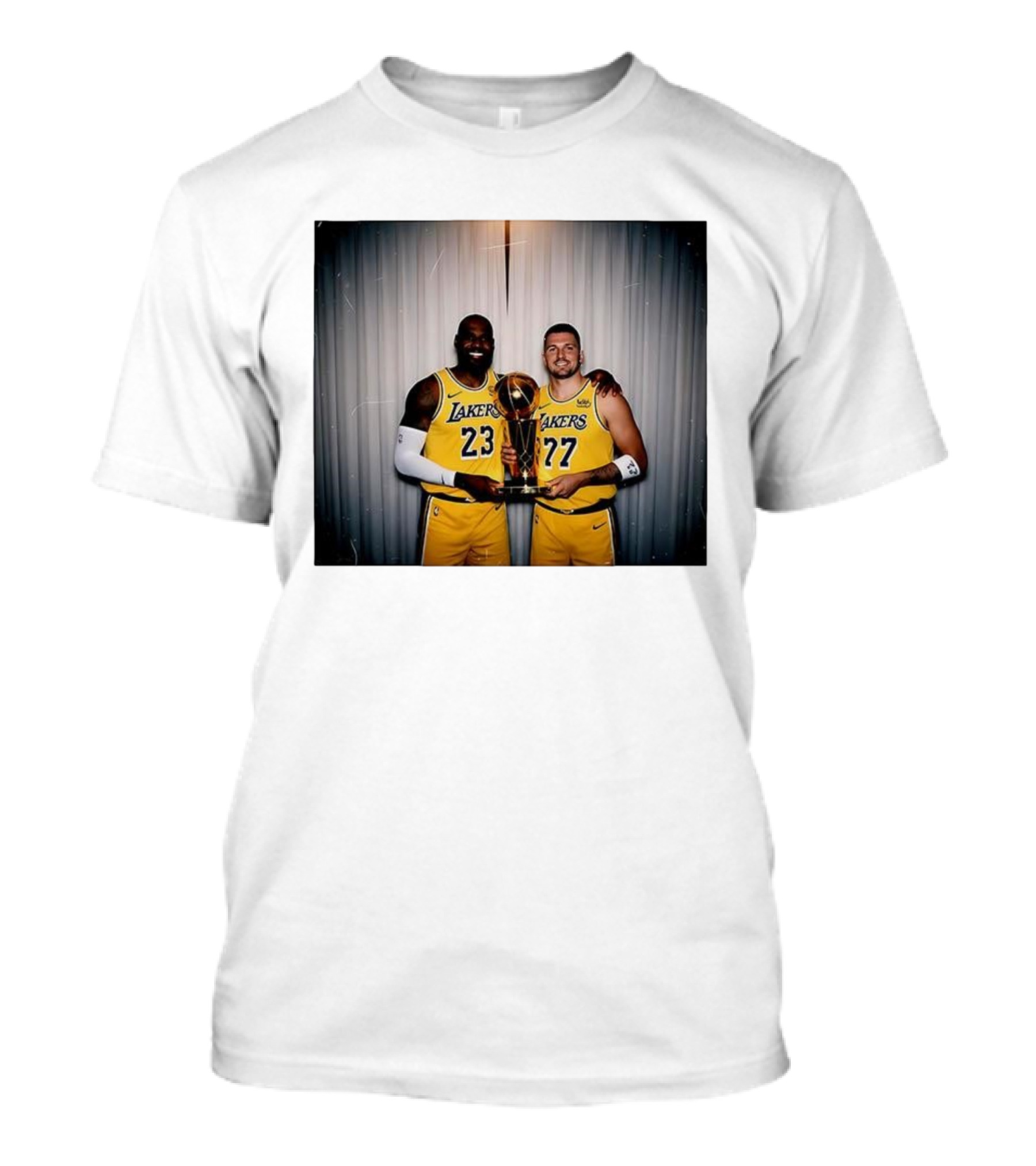 Los Angeles Lakers LeBron James Luka Dončić Holding Trophy June 2026 T-Shirt