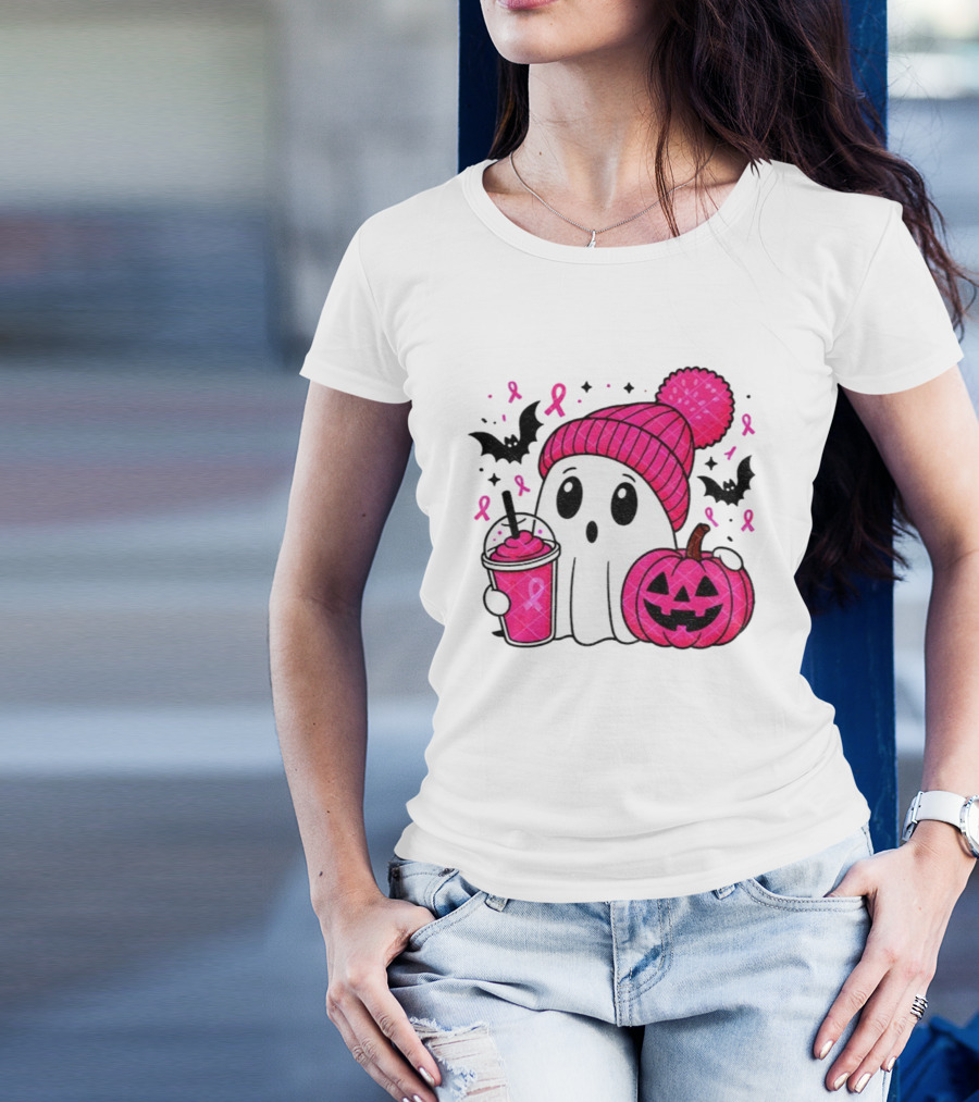 Spooky Ghost Pink Pumpkin Breast Cancer Awareness With Ribbon In October We Wear Pink T-Shirt
