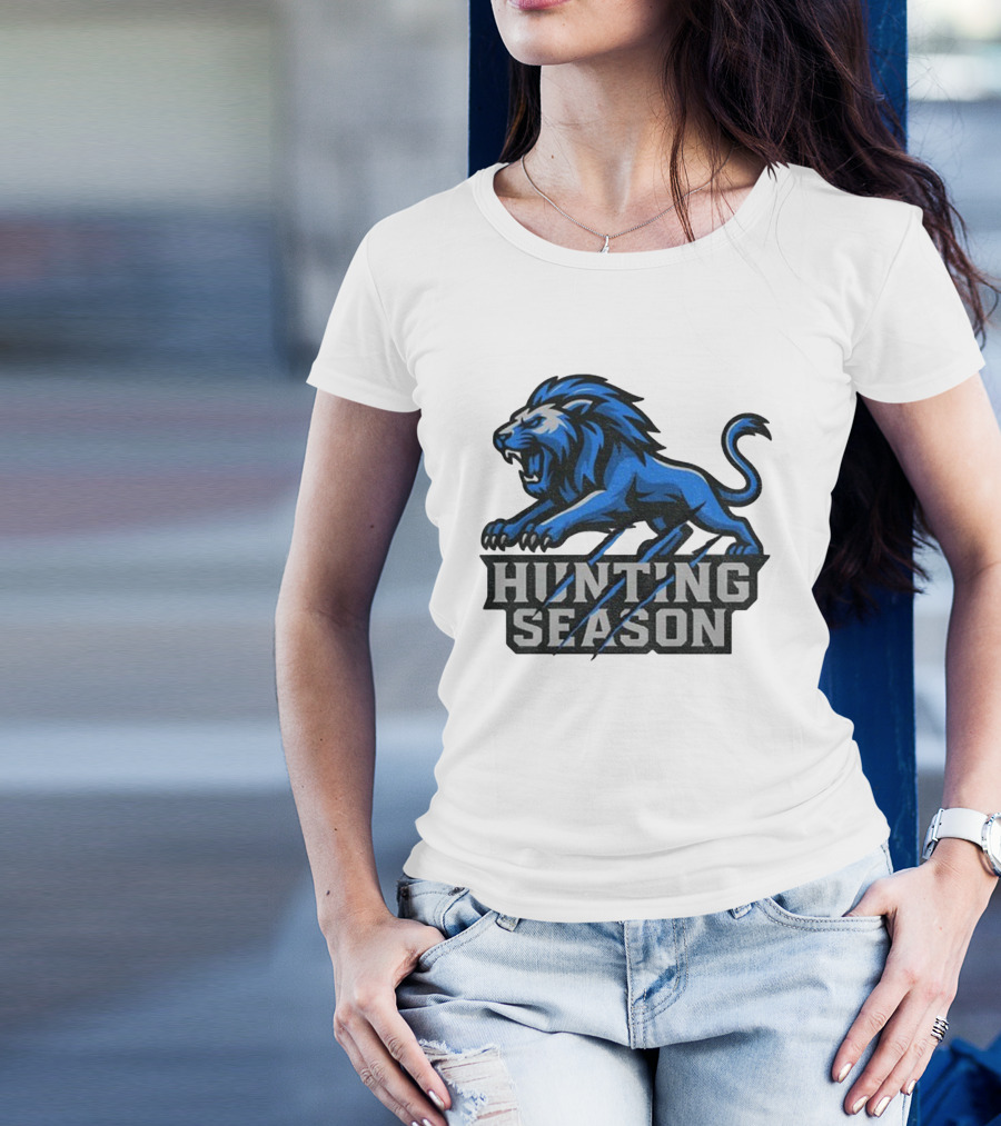 Detroit Lions Hunting Season Roaring Blue Lion NFL Fan Gear T-Shirt