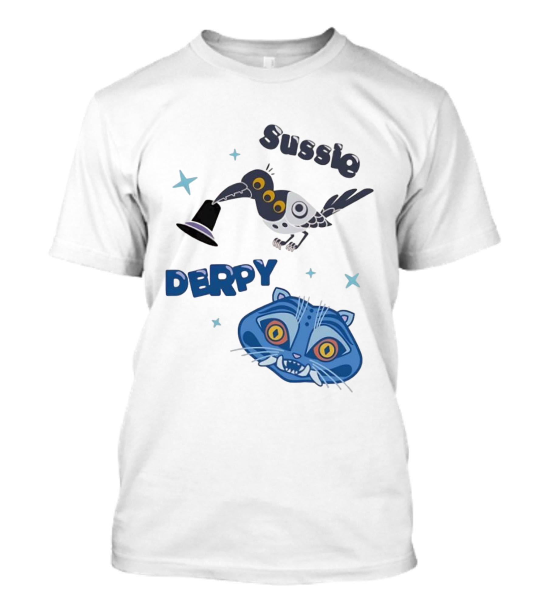 Sussie Derpy Cartoon Bird And Tiger Characters With Stars KPop Demon Hunters T-Shirt