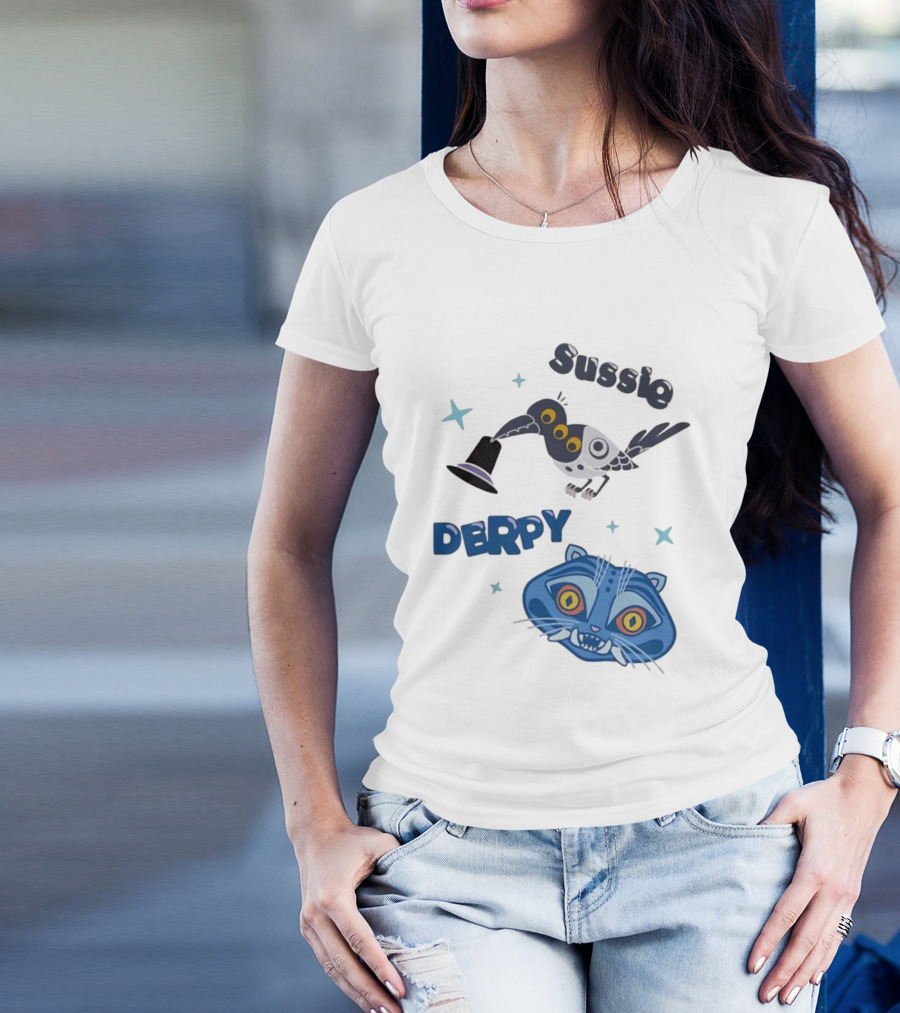 Sussie Derpy Cartoon Bird And Tiger Characters With Stars KPop Demon Hunters T-Shirt