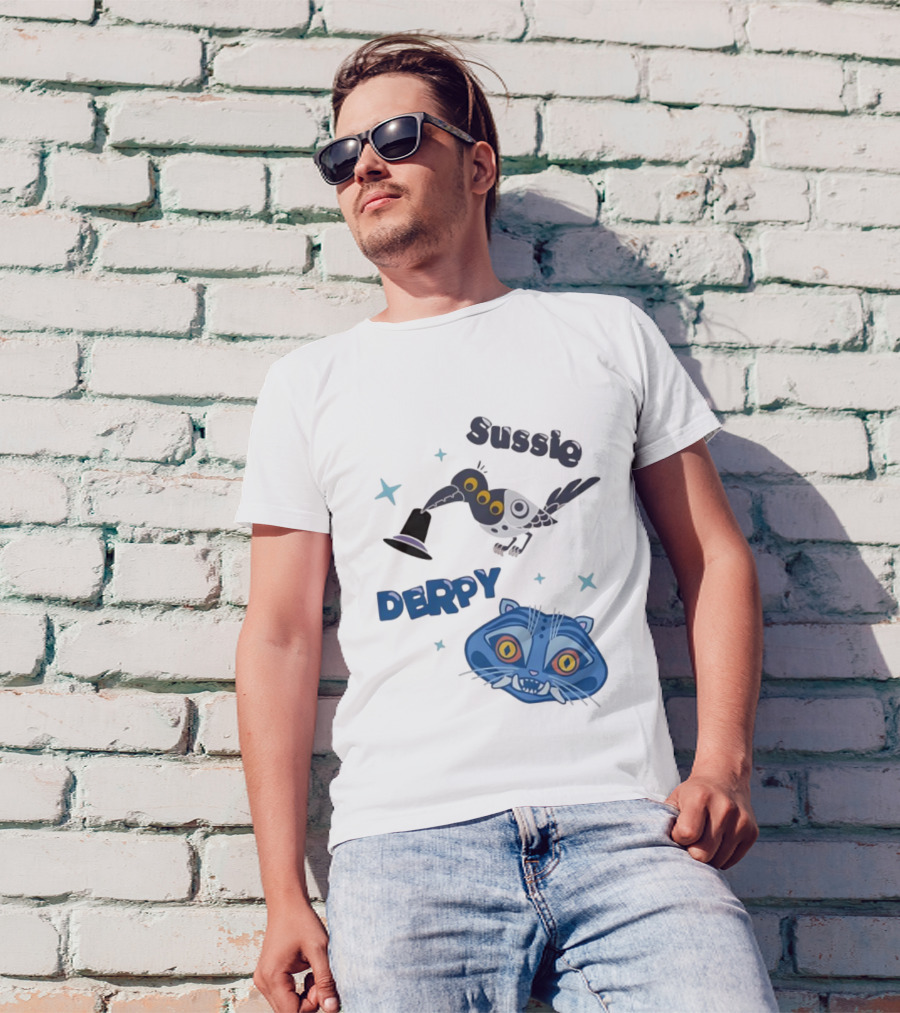 Sussie Derpy Cartoon Bird And Tiger Characters With Stars KPop Demon Hunters T-Shirt