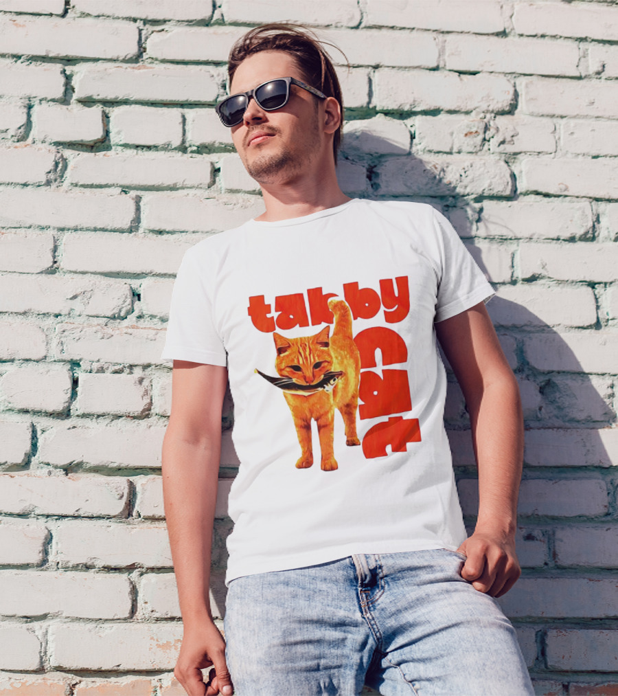 Tabby Cat Holding Fish Meme Retro Font T-Shirt