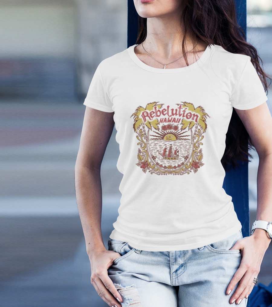 Rebelution Hawaii Tropical Sun And Sailboat Scene T-Shirt