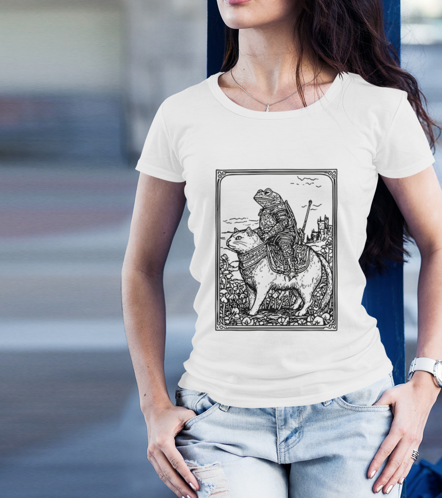 Medieval Frog Knight Riding A Cat In Armor Scene T-Shirt