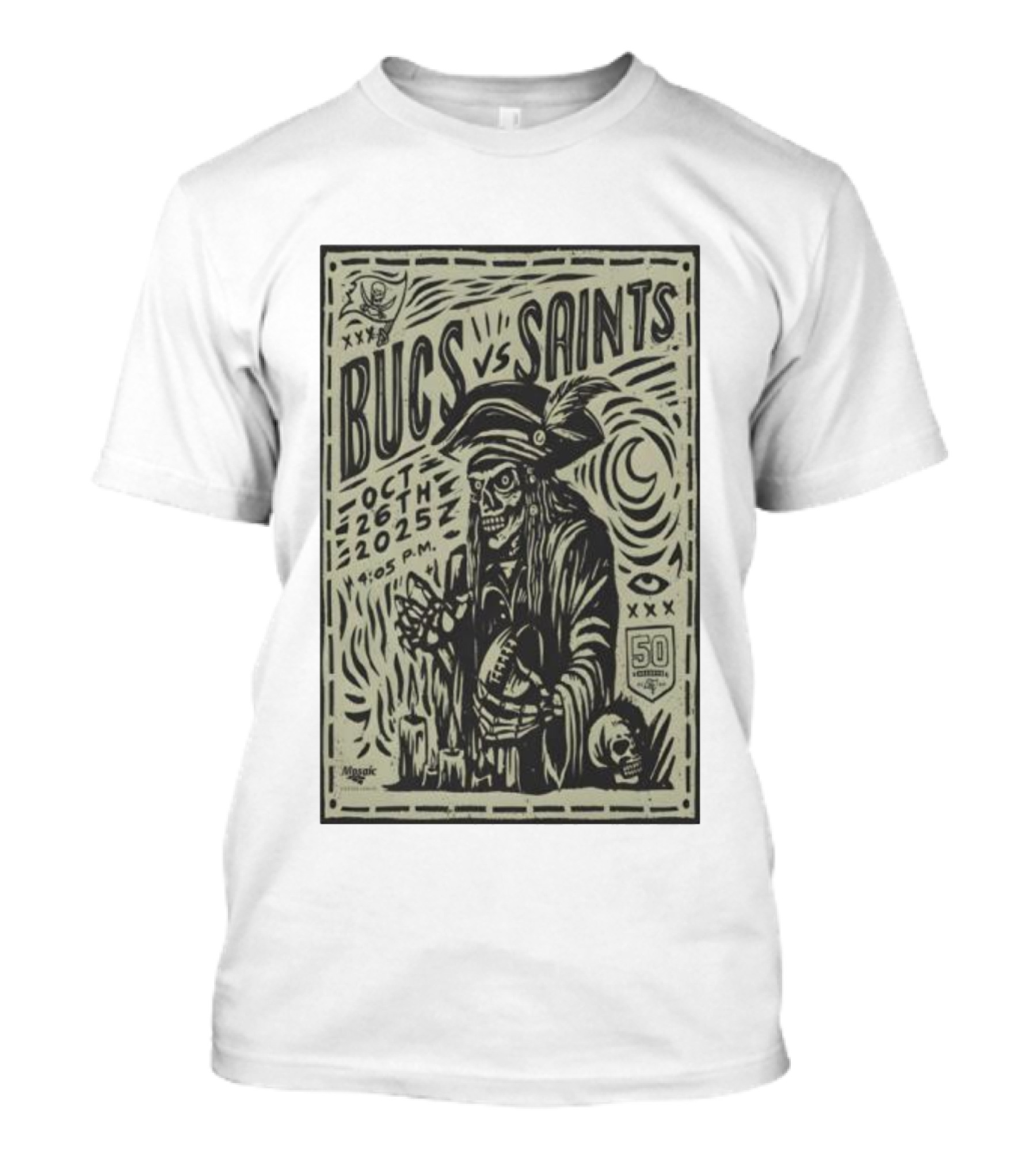 Bucs Vs Saints October 26 2025 4:05 P.M. 50 Seasons Pirate Skull Linocut T-Shirt