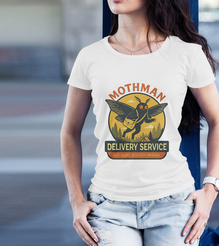Mothman Delivery Service Fast Silent Slightly Ominous Retro Forest Imagery T-Shirt