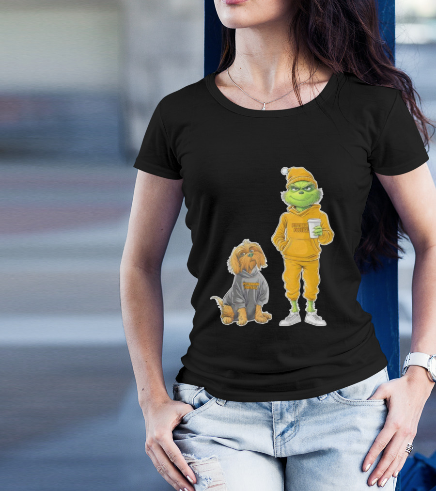 Pittsburgh Football Green Monster Grinch And Dog Christmas T-Shirt