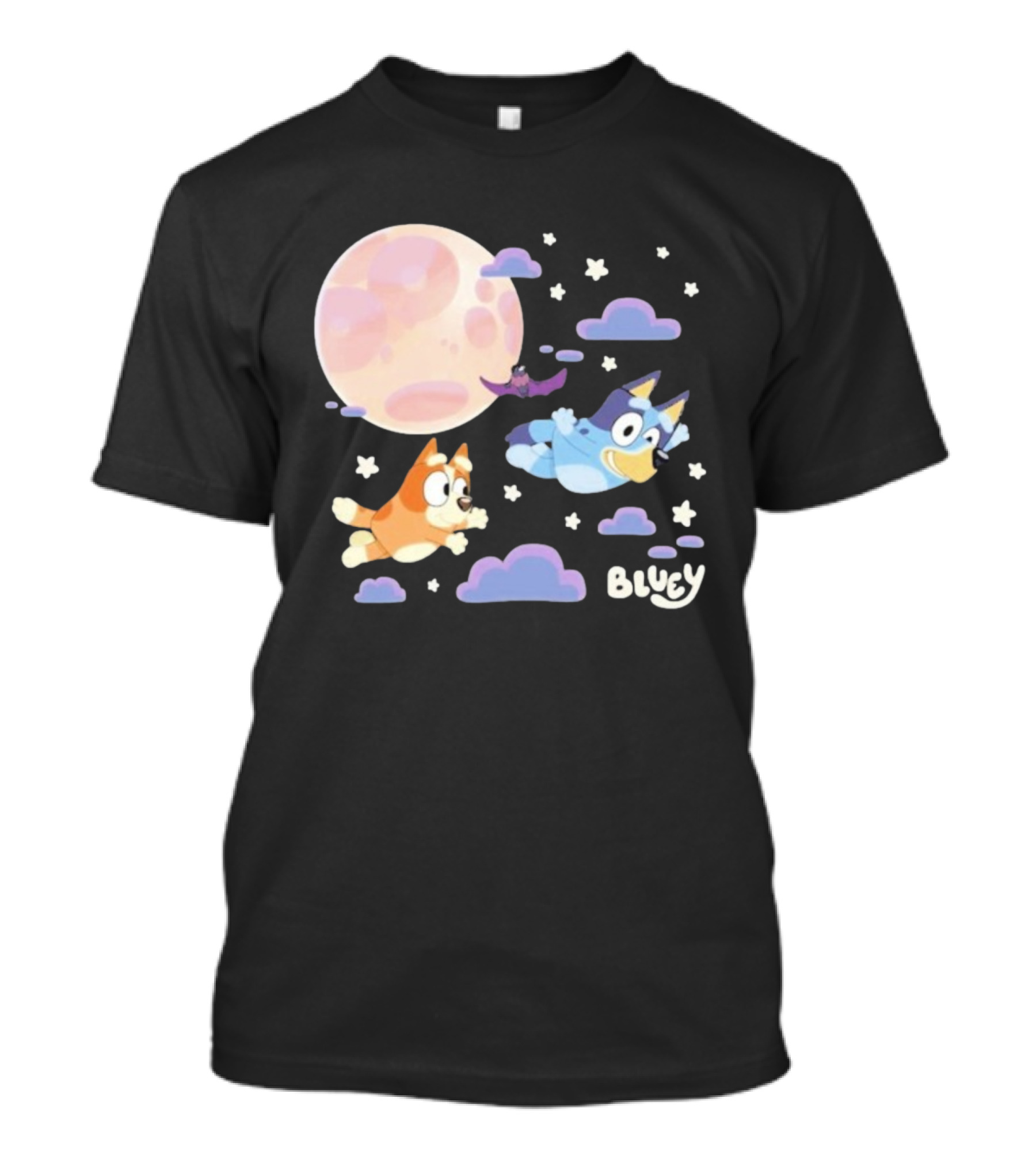 Bluey Sleepy Time Characters Flying With Moon And Stars T-Shirt