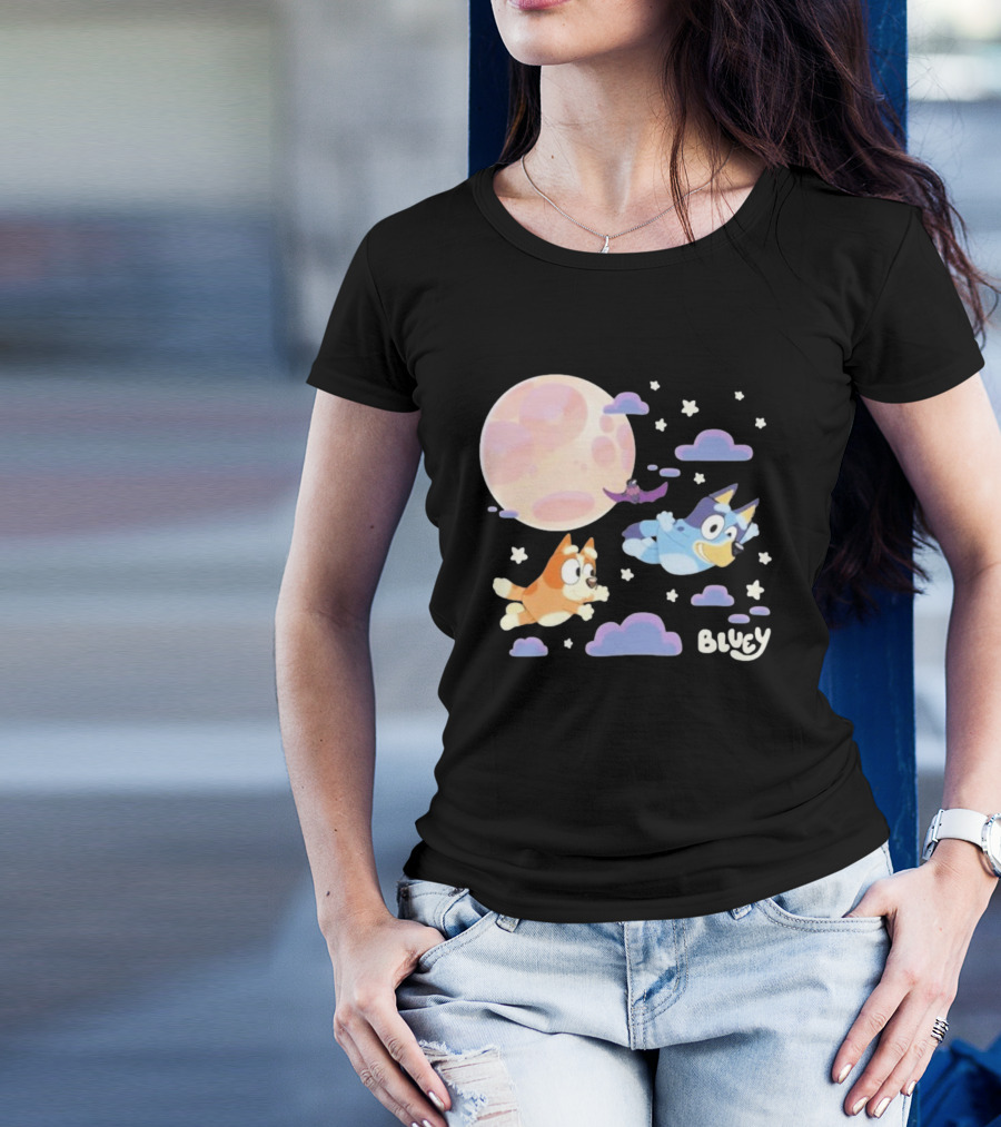 Bluey Sleepy Time Characters Flying With Moon And Stars T-Shirt