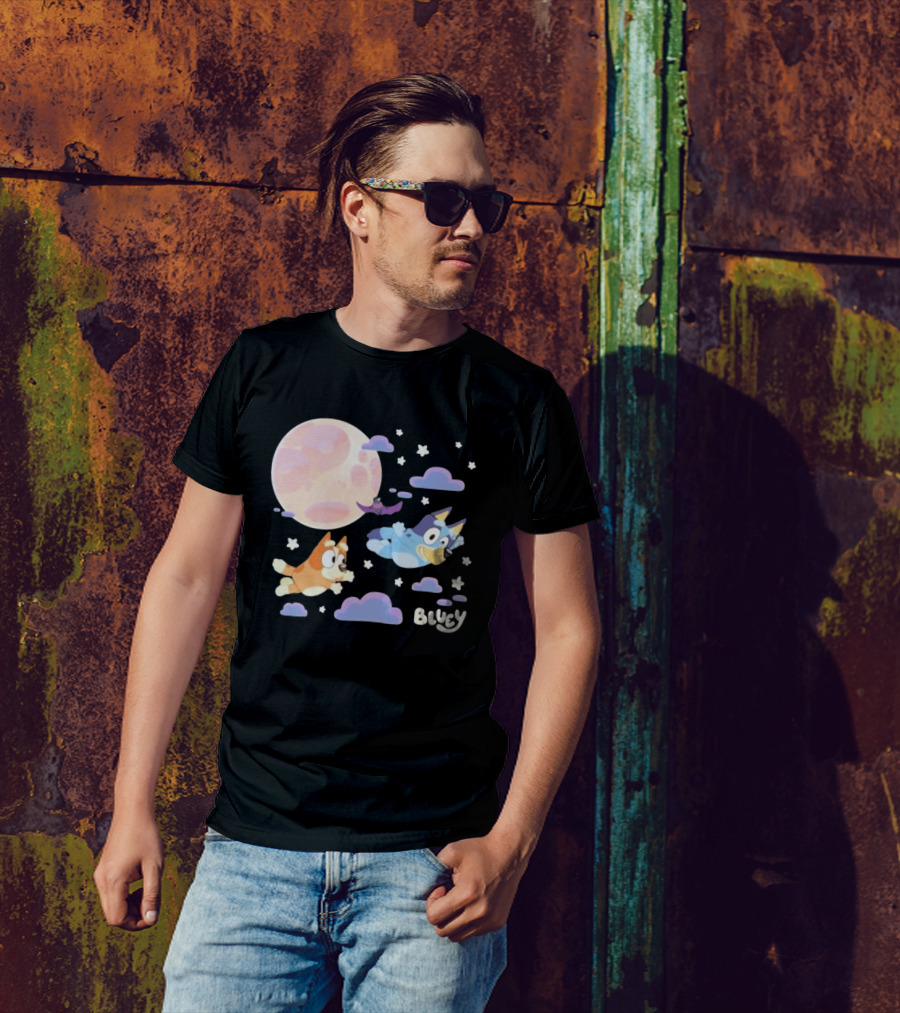 Bluey Sleepy Time Characters Flying With Moon And Stars T-Shirt