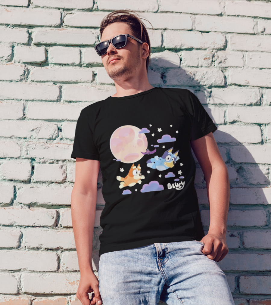 Bluey Sleepy Time Characters Flying With Moon And Stars T-Shirt