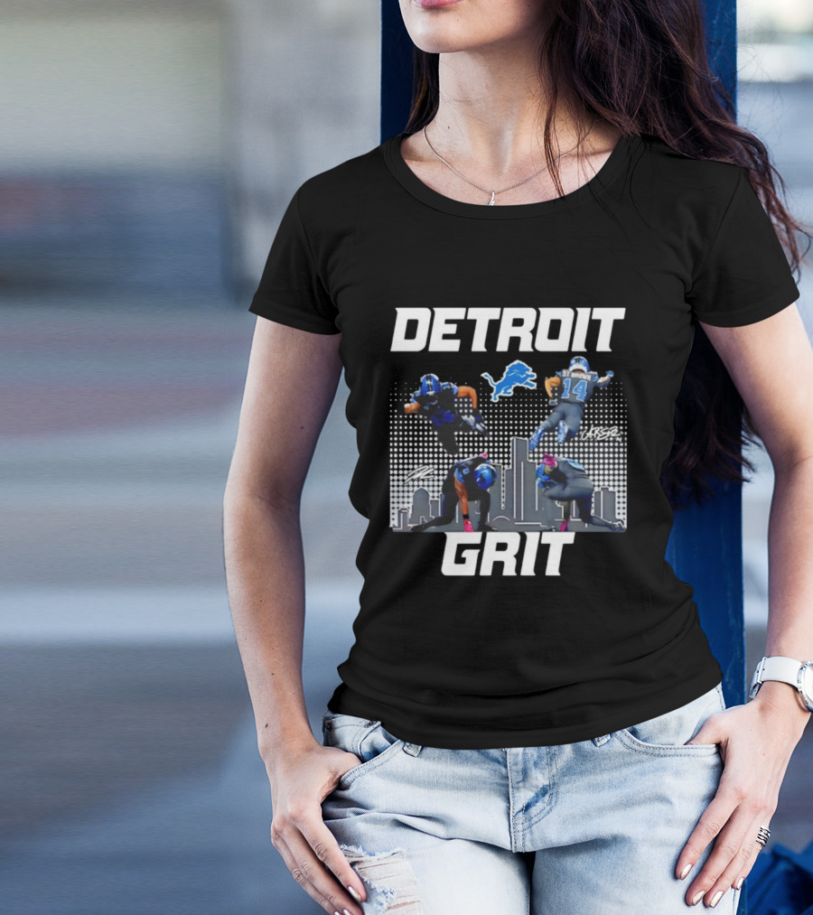Detroit Grit Super Heroes Lions Skyline Football签名 T-Shirt