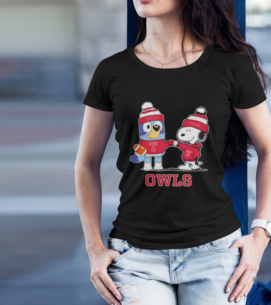 Snoopy Bluey Temple Owls Football Collaboration T-Shirt