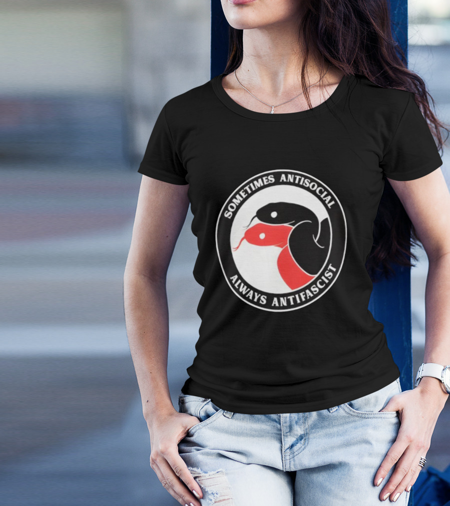 Sometimes Antisocial Always Antifascist Snakes Circle Logo Two Snakes Black And Red T-Shirt
