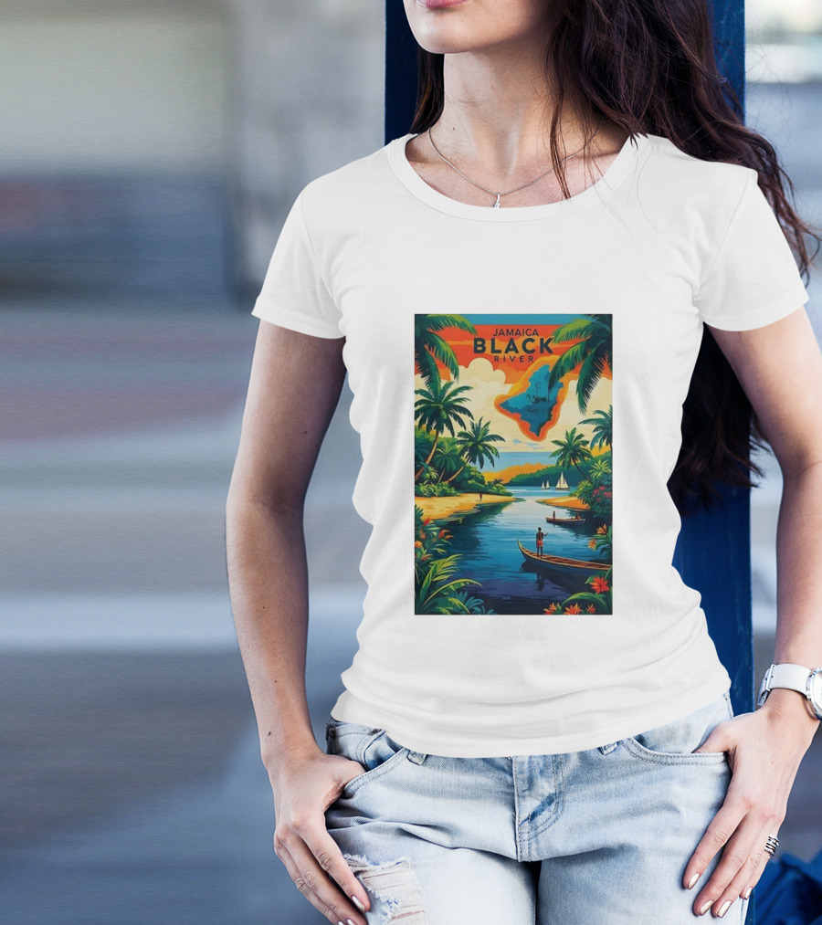 Jamaica Black River Vintage Travel Tropical Scenery With Palm Trees And Boats T-Shirt