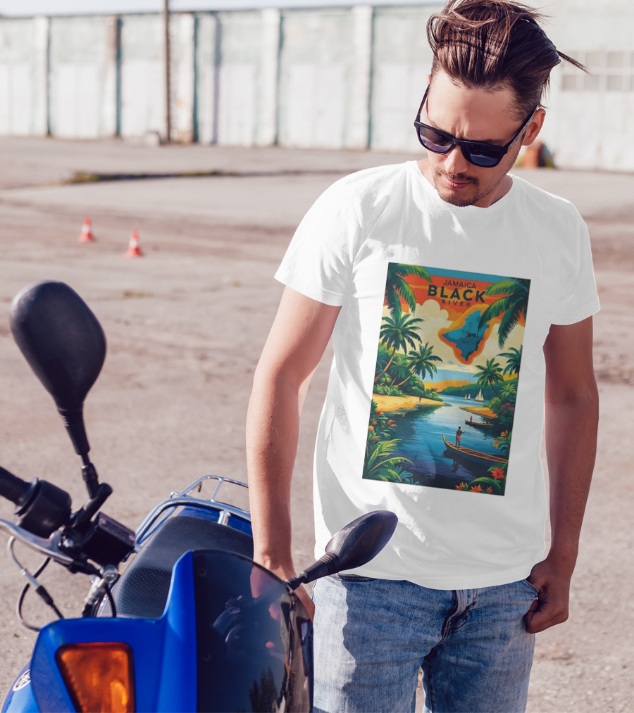 Jamaica Black River Vintage Travel Tropical Scenery With Palm Trees And Boats T-Shirt